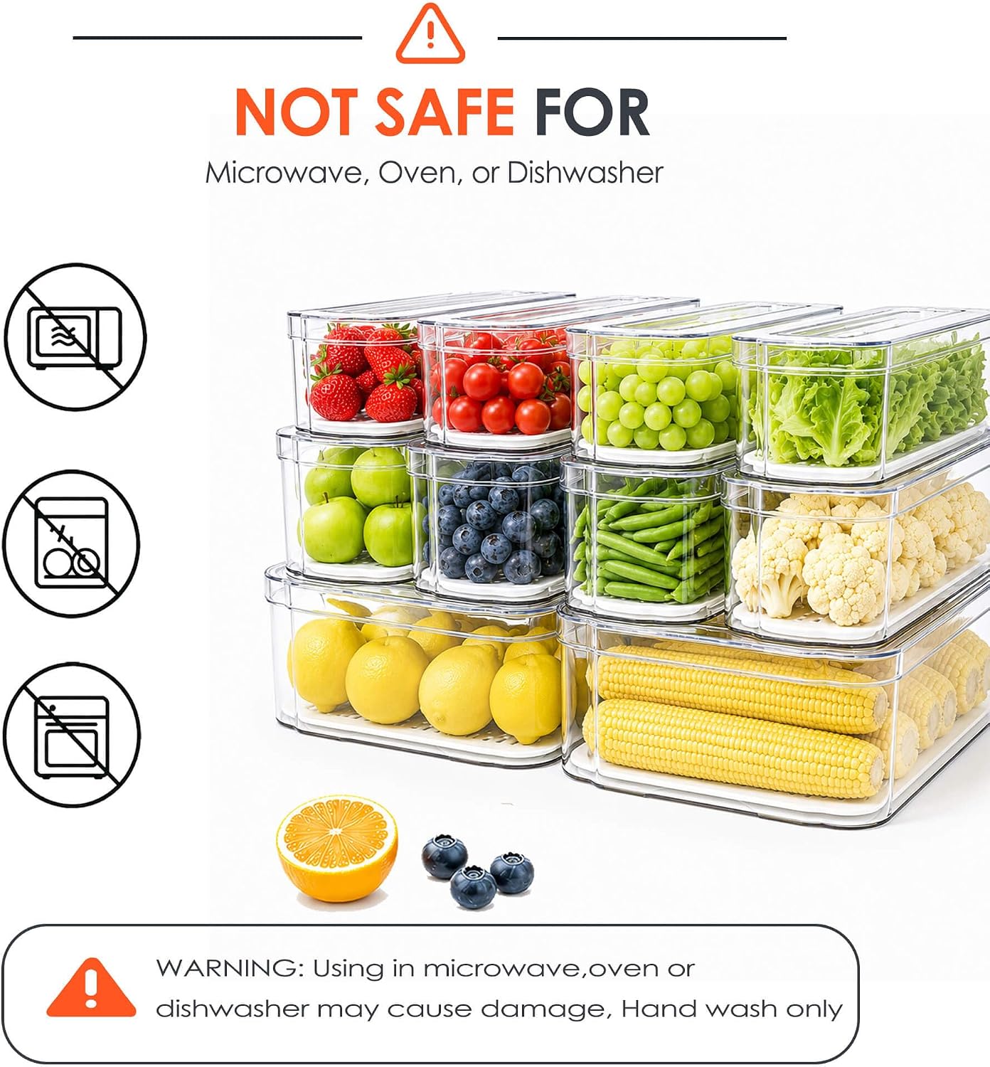 SMRCAD Clear Fridge Bins with Drain Trays - BPA-Free PET, Stackable(6 Pack) | 6 Pack: 1 Drawer + 5 lidded Bins, Helps Keep Produce Fresh, 16.3L Capacity, Hand Wash Only