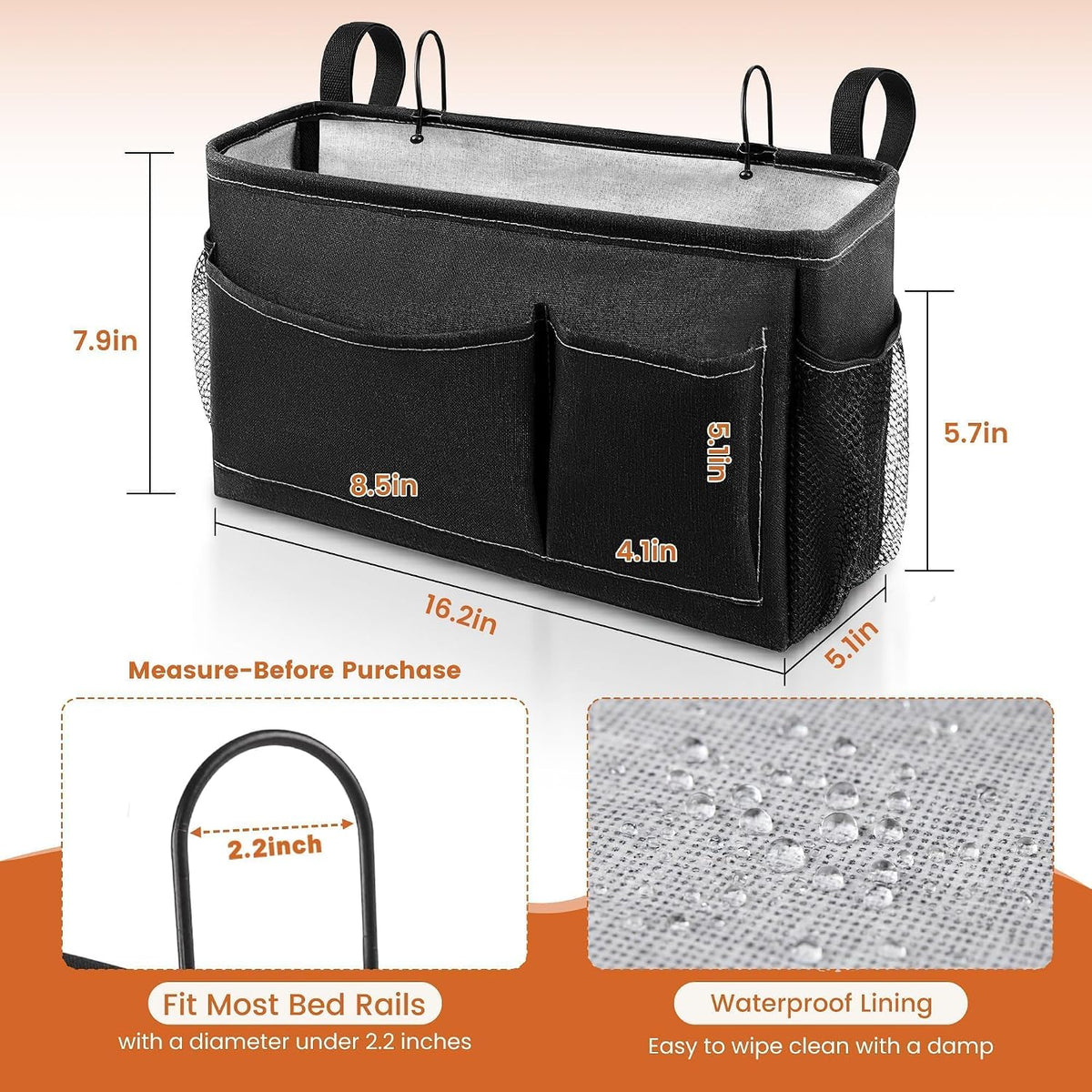 Fab totes Bedside Caddy for Dorm Bed, Bedside Storage Bag Hanging Organizer