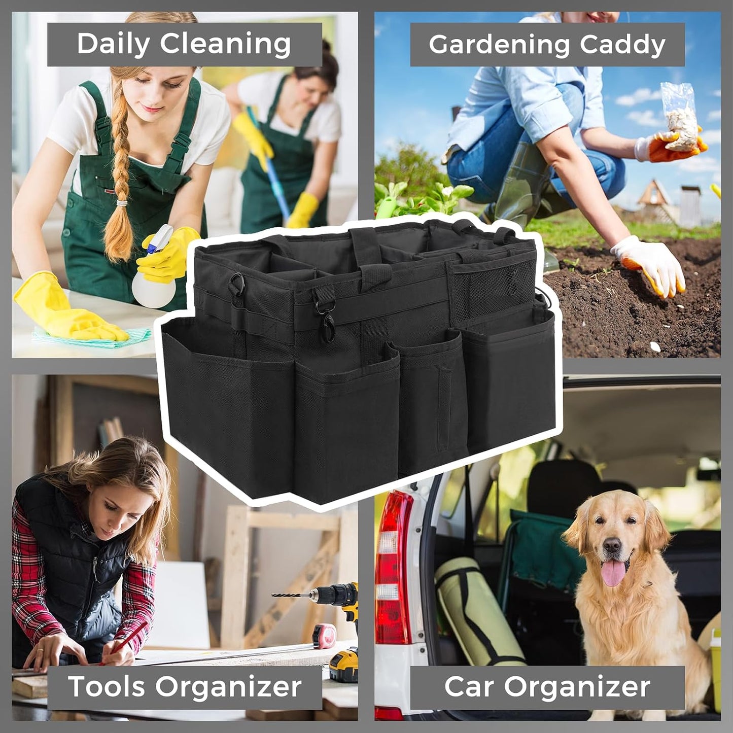 SCAVATA Wearable Cleaning Caddy, Cleaning Caddy Supplies Organizer with Handle & Shoulder Straps for Housekeepers, Under Sink & Car Cleaning Tool Organizers Bag with 4 Foldable Divider (NavyBlue)