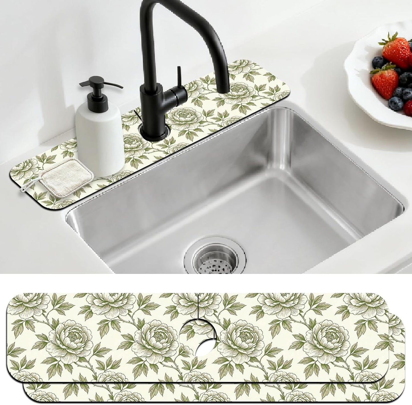 2Pcs Peonies Kitchen Sink Splash Guard Faucet Mat Vintage Florals Faucet Mat For Bathroom Kitchen 5.5x23.6In