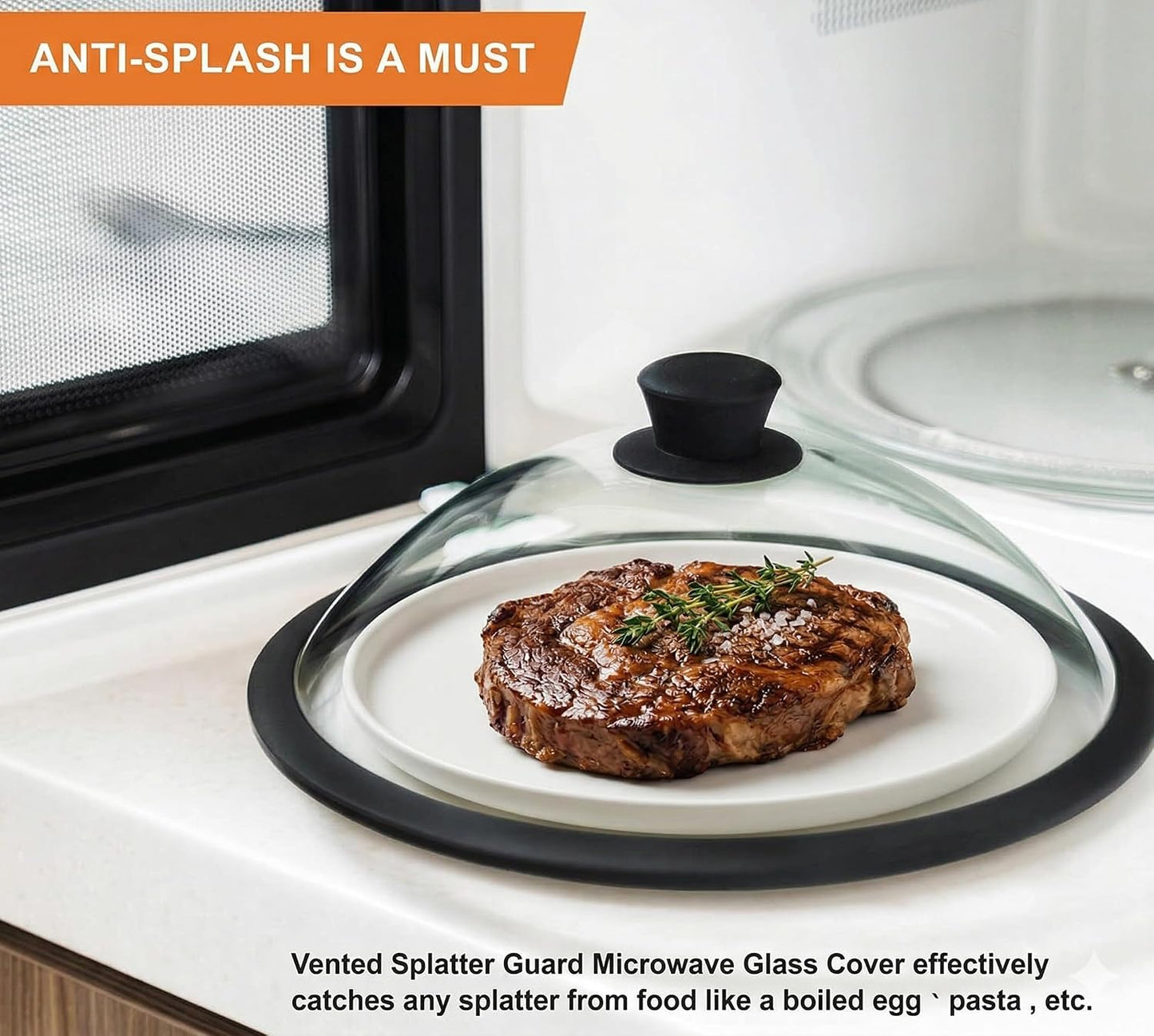 OEC Vented Splatter Upgraded Tempered Glass Microwave Cover - 11.5 inch | Inner Diameter 10.7”, Silicone Rim with Steam Vent Easy-Grip Handle, Lighter Weight 100% Food Safe, BPA Free, Dishwasher Safe