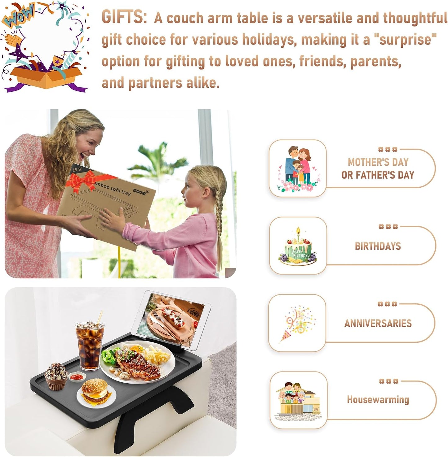 Couch Arm Tray,Bamboo Sofa Clip on Side Table,Foldable Couch Armrest Table with 360°Rotating Phone Holder,Anti Slip Food Trays for Eating/Drinks/Snacks/Remotes 15.35" x 9.85"