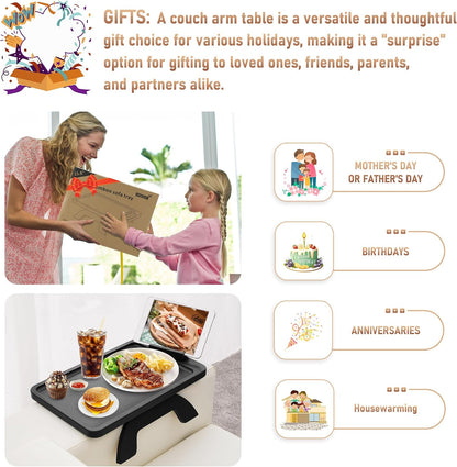 Couch Arm Tray,Bamboo Sofa Clip on Side Table,Foldable Couch Armrest Table with 360°Rotating Phone Holder,Anti Slip Food Trays for Eating/Drinks/Snacks/Remotes 15.35" x 9.85"