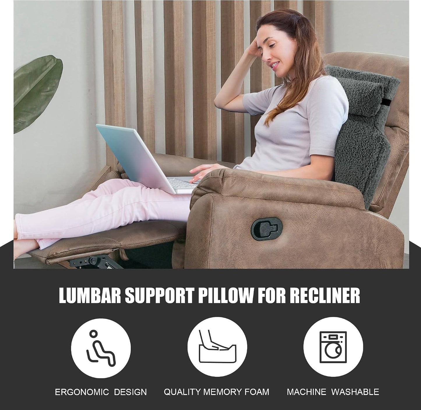 MABOZOO 2 Piece Sherpa Fleece Lumbar Support Pillow for Recliner Chair, Memory Foam Lumbar Pillow with Headrest for Back Pain Relief, Back Support Cushion for Office Chair（Grey）