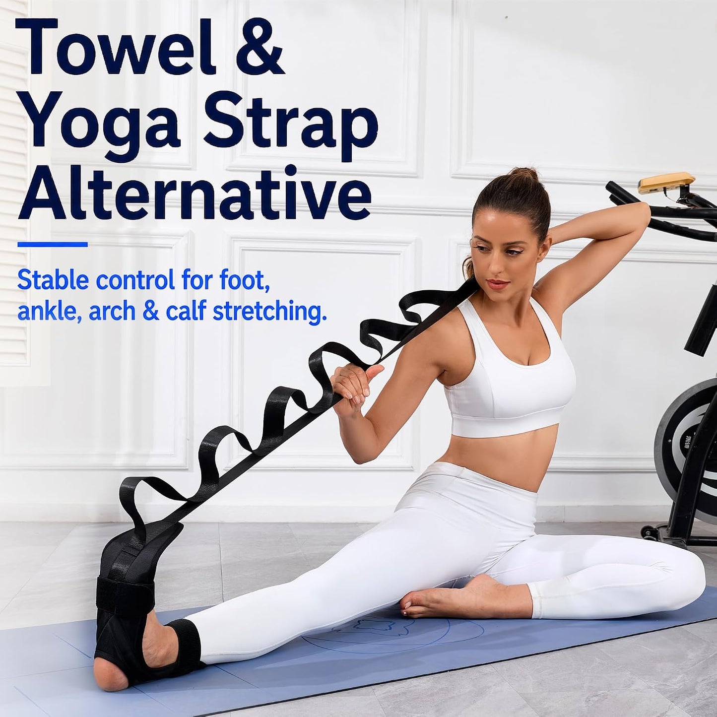 Foot and Calf Stretcher Strap for Plantar Fasciitis, Achilles and Hamstring | Secure padded foot sleeve with multi-loop strap stretches arches, toes, ankles and calves for PT, yoga, runners and heel pain