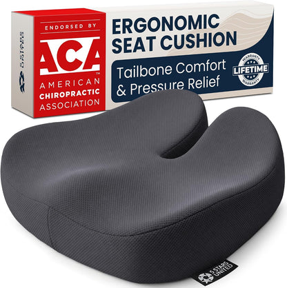 5 STARS UNITED Seat Cushion - Memory Foam Chair Cushion for Tailbone Pain Relief - Ergonomic Support for Coccyx, Sciatica & Butt - Office, Desk & Gaming Chair, Car Seat, Wheelchair, Airplane, Black