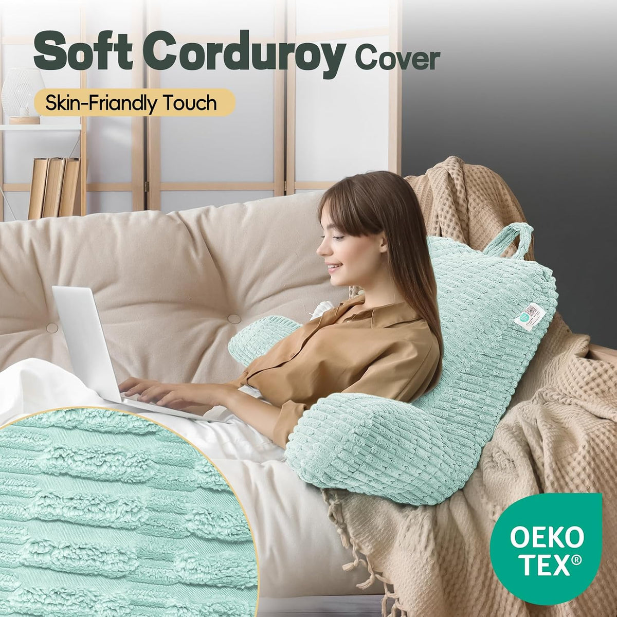 21" Higher Large Reading Pillow for Bed Adult, Back Pillow for Bed Sitting Up with Memory Foam Back Support with Arms Rest for Couch Chair Gray