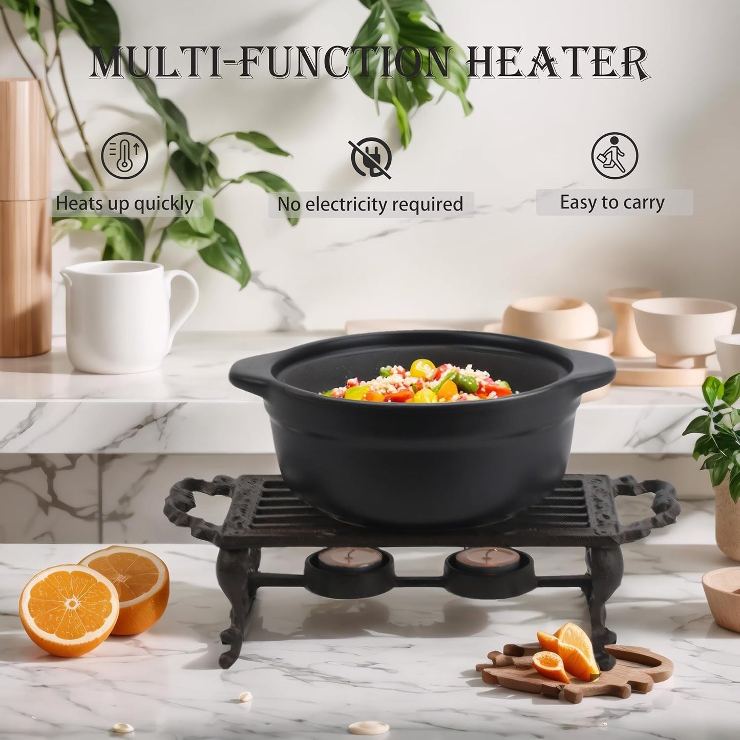 Cast Iron Teapot Warmer, Durable Tea Pot Warmer with 2 Tealight Holders for Tea, Coffee & Food Simmer Pot, Heavy-Duty Tea Warmer for Desk or Home, Includes Candle& Pinch Mitts