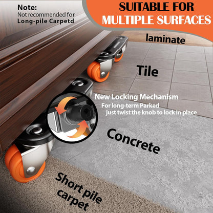 Heavy Duty Furniture Movers with 5-Wheel Dollies, Furniture Dolly Set with Lifter & Base, 360° Swivel Casters, Non-Slip Pads, Up to 2000 lbs Load Capacity