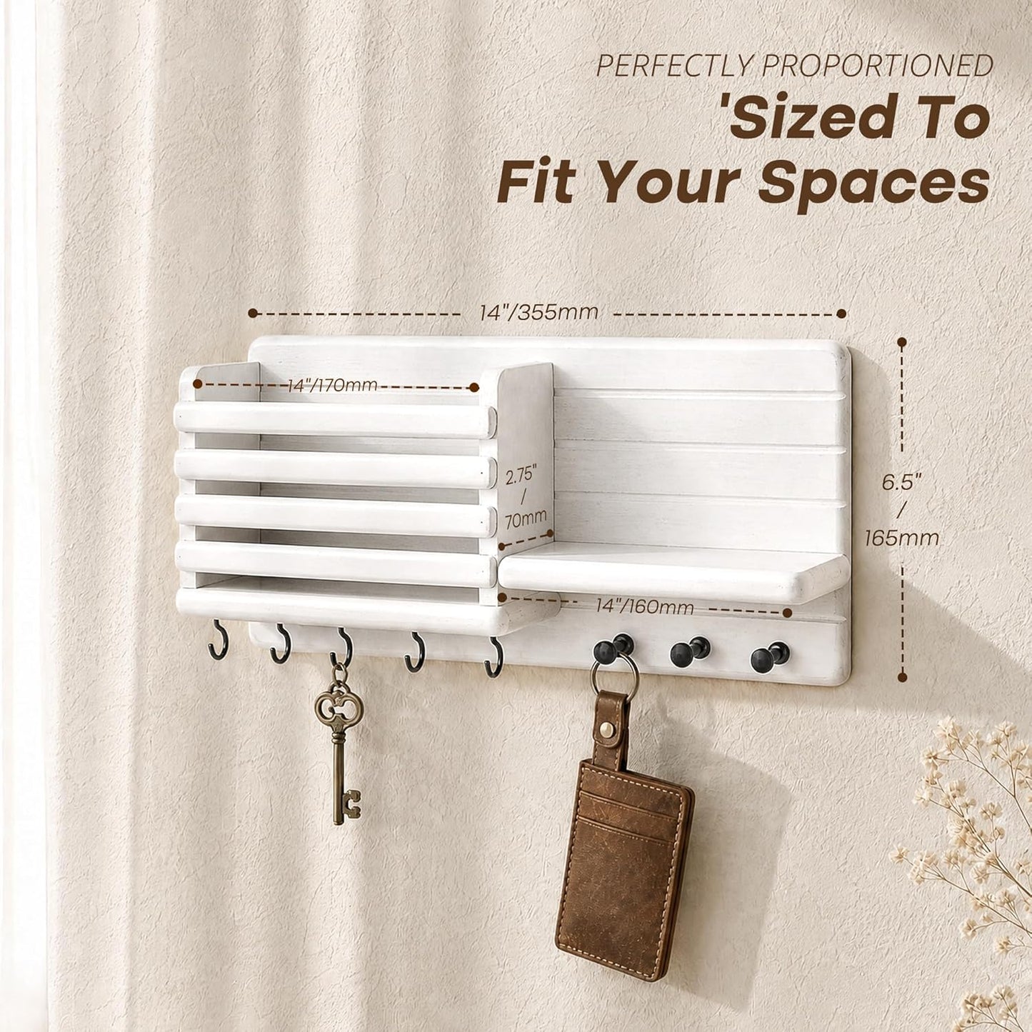 Rebee Vision Key Holder Wall Mount with Mail Slot for Entryway, Retro Brown | Pine Wood, Key Holder for Wall, 8 Hooks for Dog Leashes, Floating Shelf, Mail Sorter, New Home Essentials, Entryway Storage