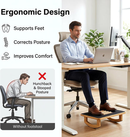 Bamboo Under Desk Foot Rest Foot Stool Rocking Footrest (Nature Semicircle) | Ergonomic Wooden Foot Stool with Non-Slip Surface