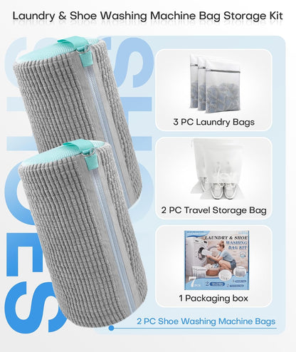 3-IN-1 Laundry & Shoe Washing Machine Bag : Laundry Shoe Bag for Washer & Dryer,Shoe Cleaning Bag for Sneakers,Tennis,Self-locking Zipper & Microfiber,Include 3 Laundry Bag & 2 Shoe Bag
