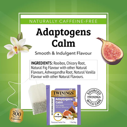 Twinings Superblends Adaptogens Calm with Ashwagandha Fig & Vanilla Flavoured Herbal Tea Caffeine-Free, 18 Tea Bags (Pack of 1), Enjoy Hot or Iced