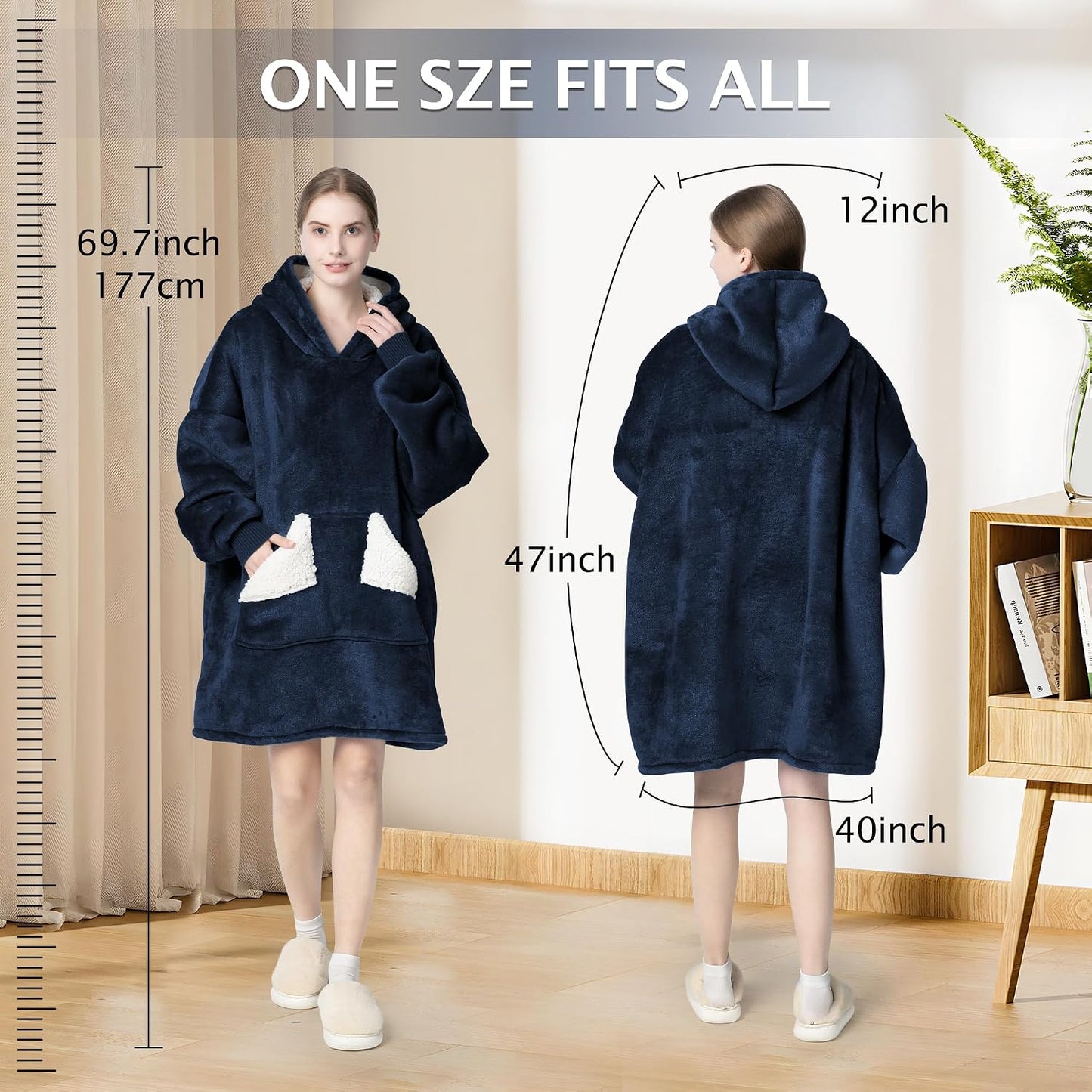 Wearable Blanket Hoodie, Oversized Sherpa Fleece Sweatshirt Blanket with Giant Hood Pocket and Sleeves for Adult, Warm & Cozy Grey Blanket Gifts for Women