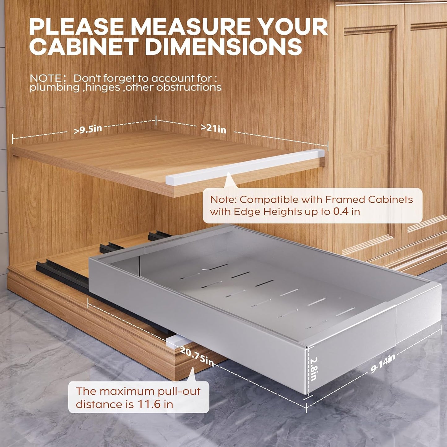 Seinloes 2Pack Expandable Pull Out Cabinet Organizer 21"Deep With Raising Pad for Framed Cabinets, Upgrade 3 Slide Rails Slide Out Drawers, Roll Out Shelves Adhesive,Adjustable Width 12.05"-20.4"White