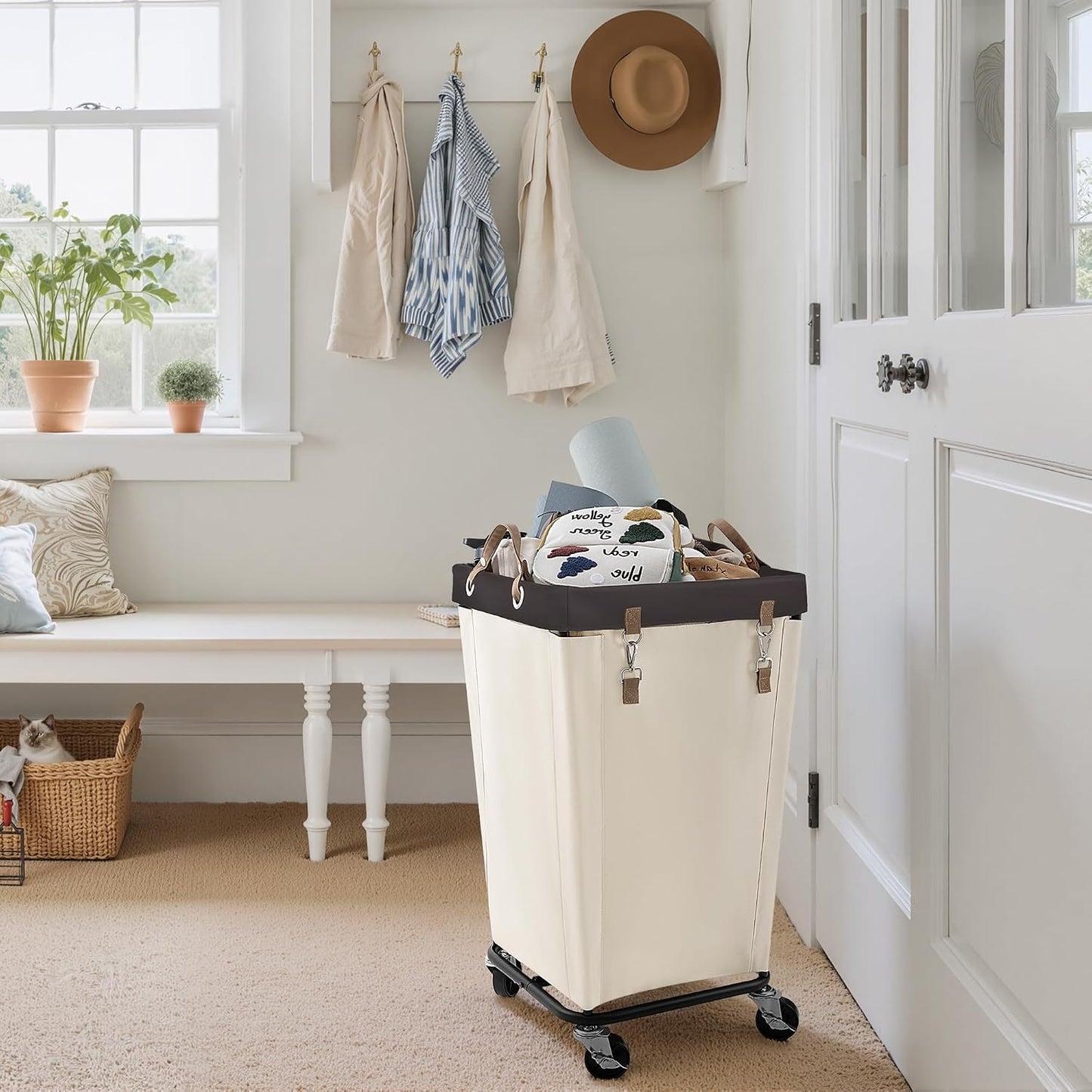 StorageWorks 160L Laundry Basket with Wheels, Rolling Hampers for Clothing | Beige Laundry Basket with Wheels, Metal Frame & Handles, Rolling Hamper for Bedroom, Bathroom, Dorm, Hotel