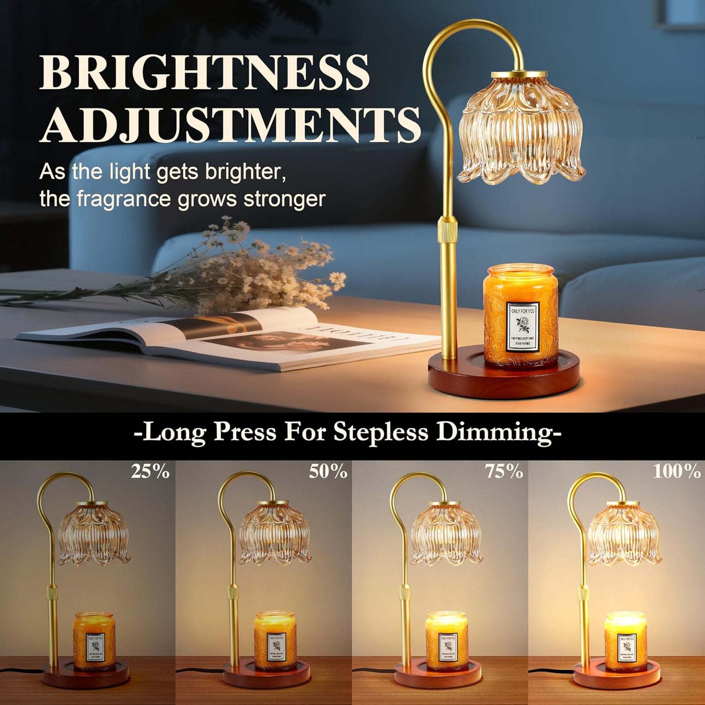Dreamholder Electric Candle Warmer Lamp with Timer & Dimmer, Adjustable Height Wax Melt Warmer for Jar Candles, Wood Base Candle Melter, Floral Home Decor Gifts for Women, Mom, Natural Wood