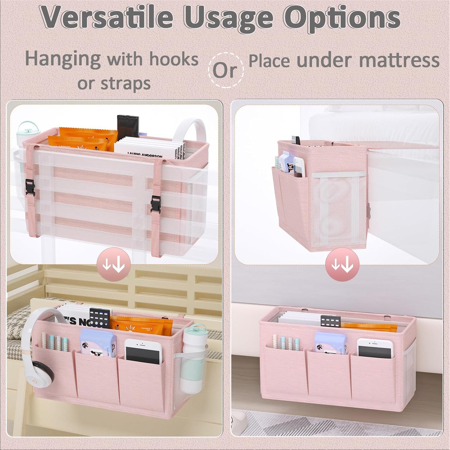 Bedside Caddy Bedside Storage Hanging Organizer for Bunk Dorm Bed Rail | Bed Caddy with Hooks, Top Bunks and Dorm Essentials for Water, Tissues, Tablets, Books, Phones, Remotes and Other Necessories
