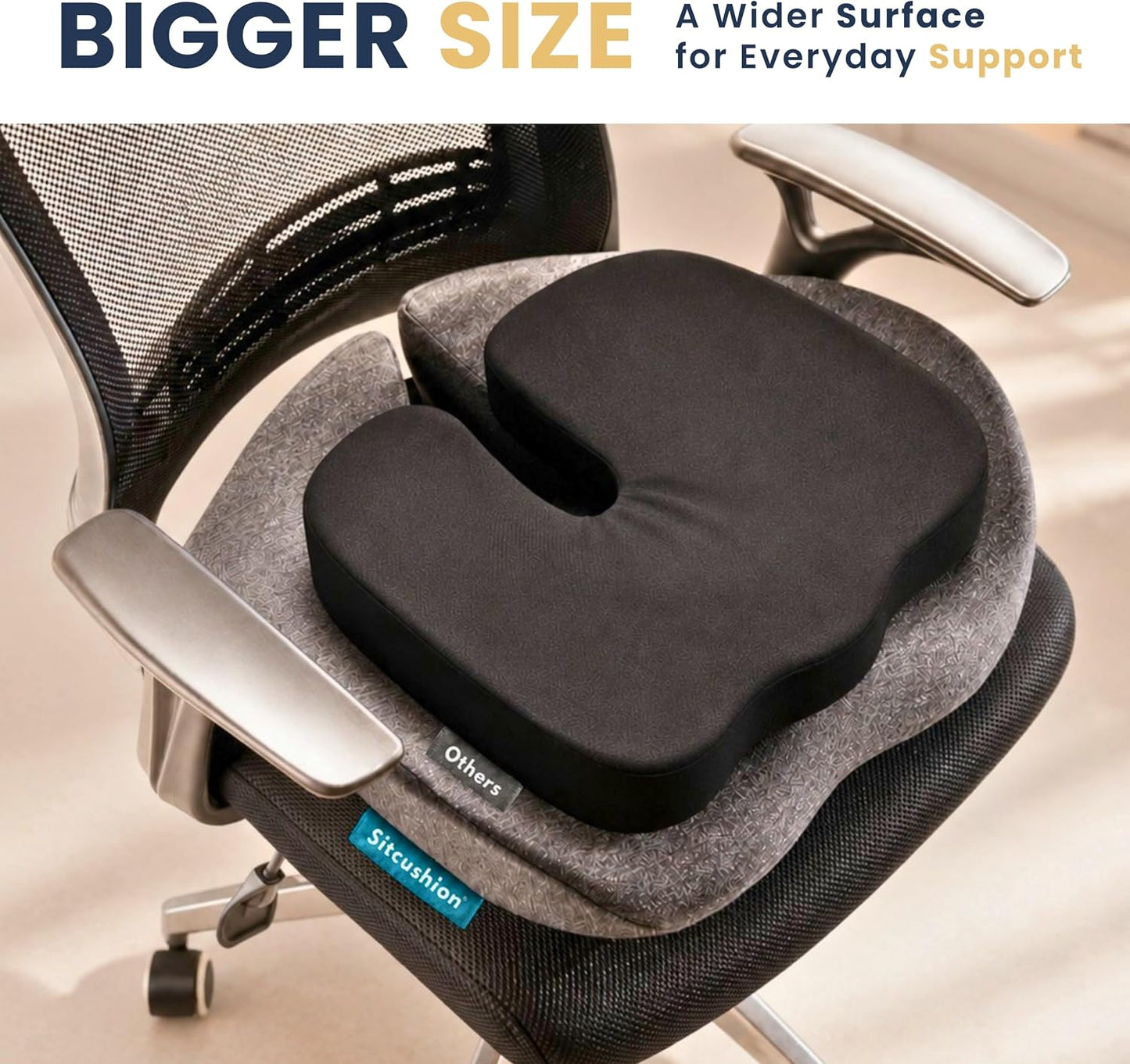 SitCushion Extra Large Memory Foam Seat Cushions for Office Chairs, Pressure Relief Seat Cushion for Tailbone Pain Relief, Sciatica & Back Pain, Ergonomic Office Chair Cushion for Long Sitting (Black)