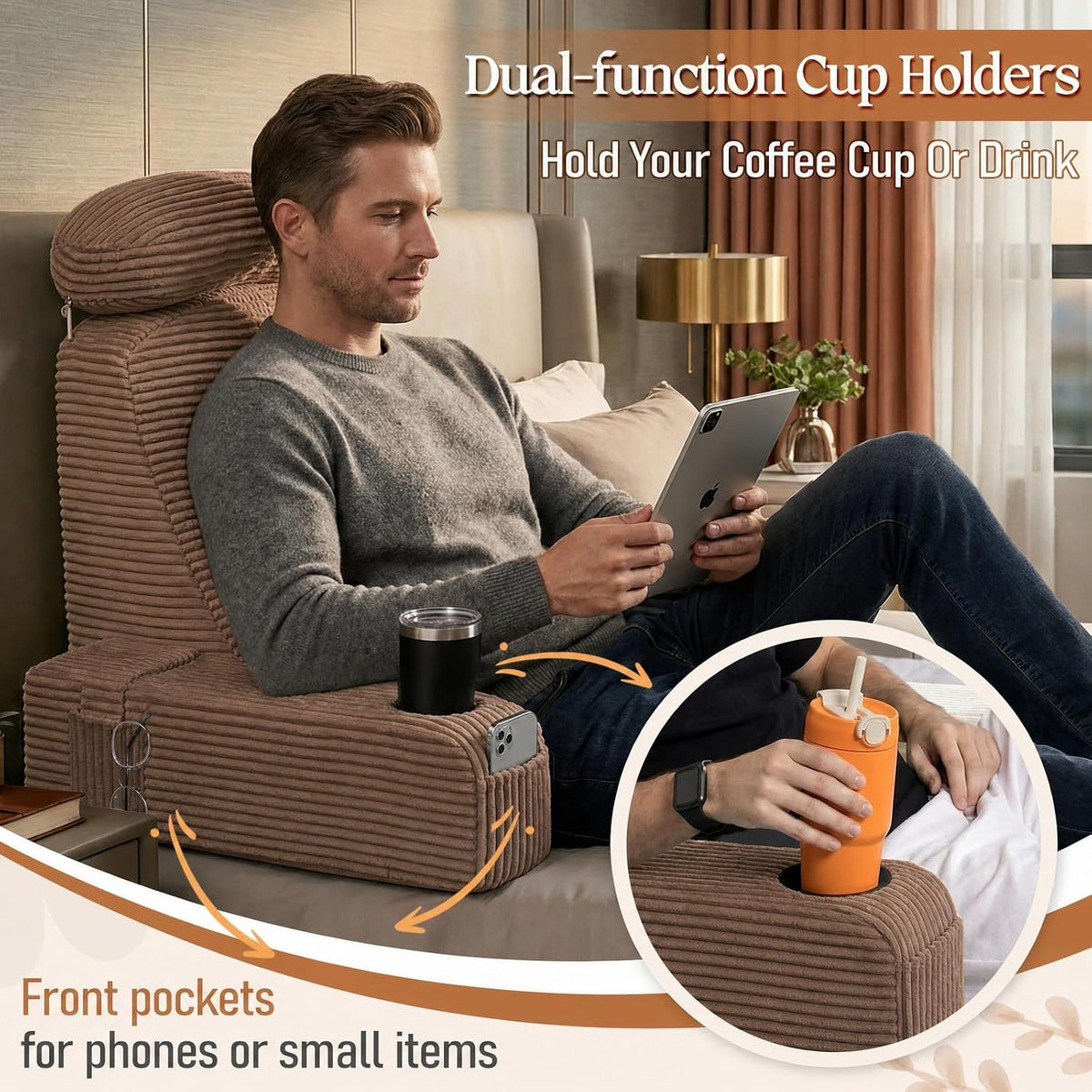 Reading Pillow/Backrest Pillow with Arms, Cup Holder & Phone Pocket