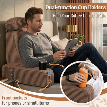 Reading Pillow/Backrest Pillow with Arms, Cup Holder & Phone Pocket