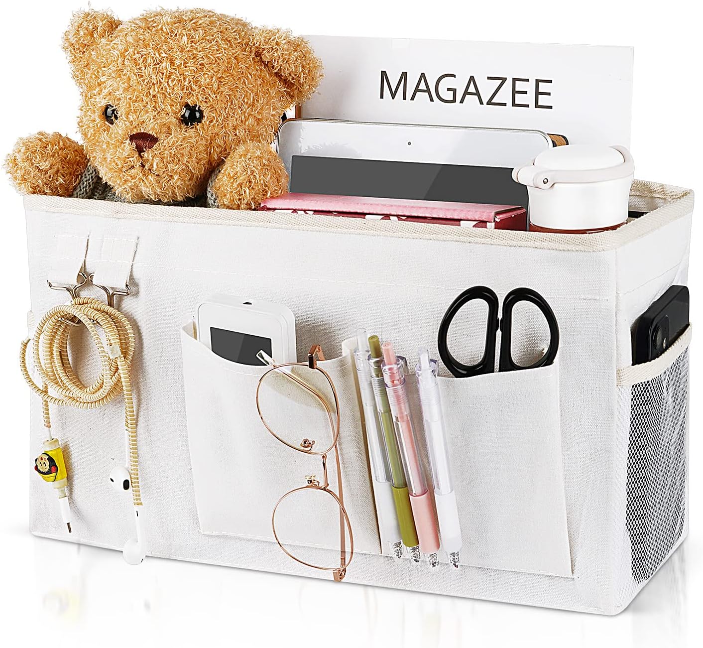 Bedside Caddy Organizer Hanging Storage Bag Bunk Bed White | Bed Caddy with Magazine Water Bottle Phone Holder for College Dorm and Hospital Beds