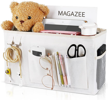 Bedside Caddy Organizer Hanging Storage Bag Bunk Bed White | Bed Caddy with Magazine Water Bottle Phone Holder for College Dorm and Hospital Beds