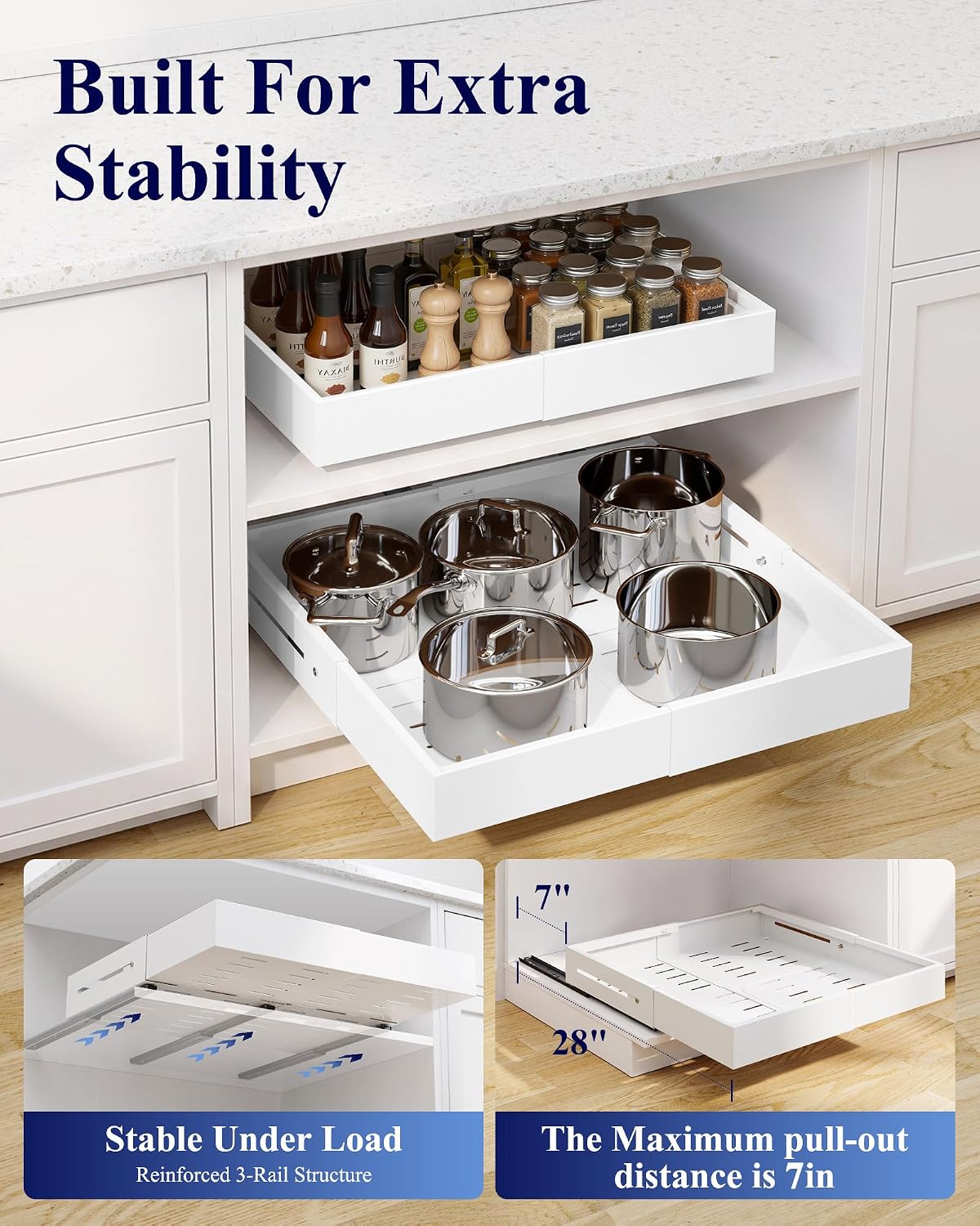 Kitsure Pull Out Cabinet Organizer - 2 Pack(12.6"-21" D x 12"-20.4" W) Expandable Sliding Cabinet Shelves, Smooth Glide Drawer Organizer, Kitchen & Pantry Storage, Framed & Frameless Cabinets