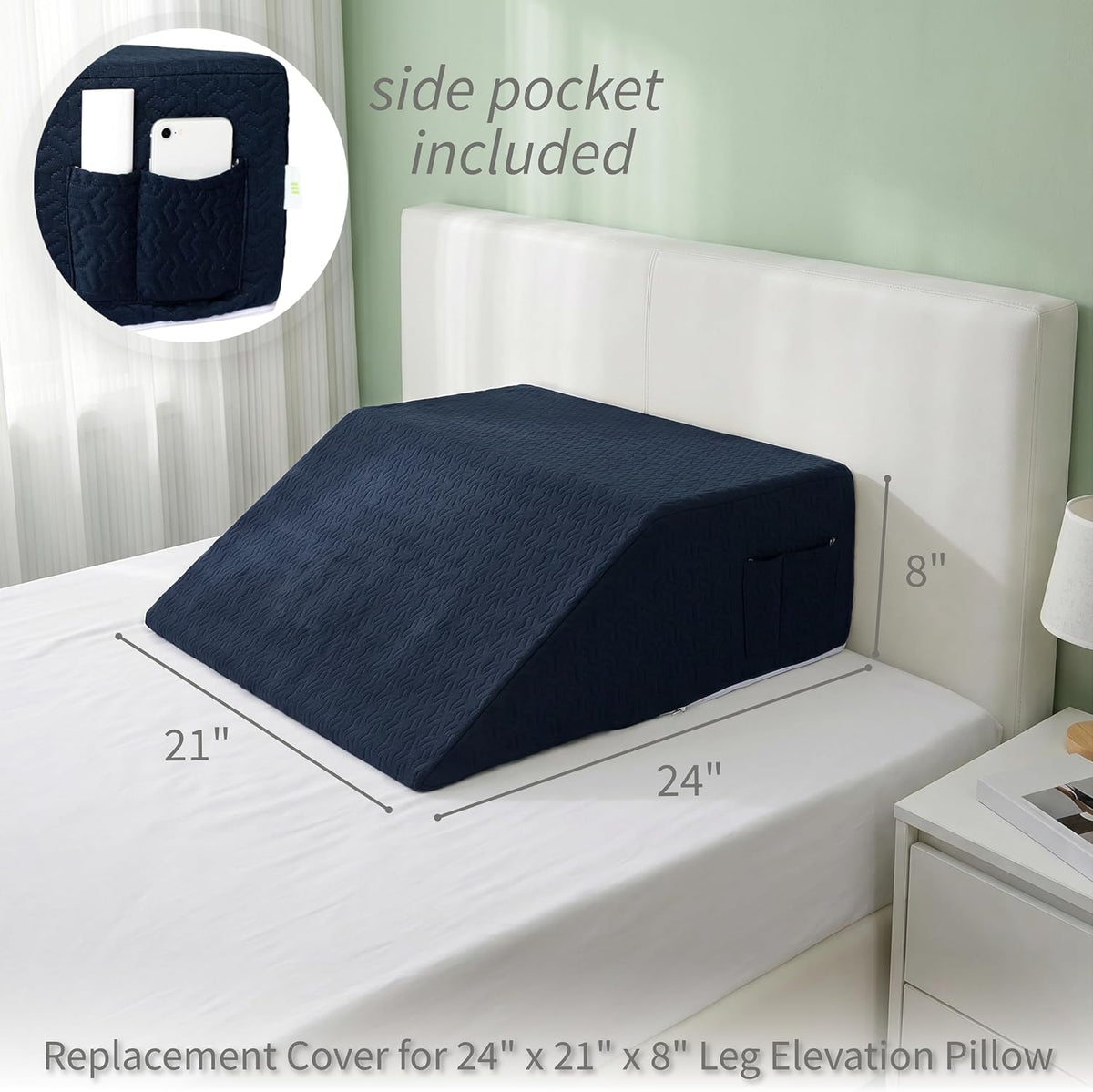 Leg Wedge Pillow Cover 24x21x8 in, Zipper & Pockets, Gray