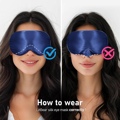 LitBear 100% 22 Momme Mulberry Silk Sleep Mask - 3D Contoured Eye Mask for Men & Women, Soft Breathable Sleeping Mask with Adjustable Strap, Perfect Blocks Light for Sleeping (Black)