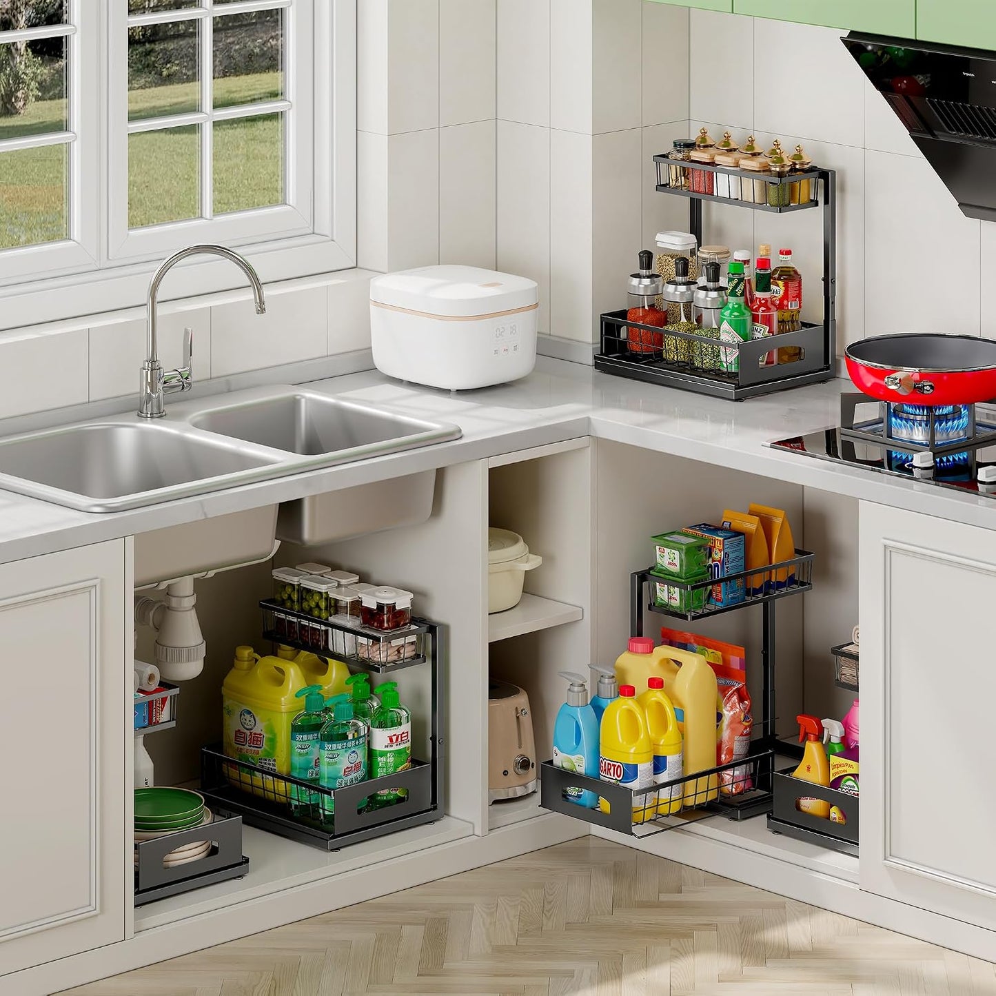 Under Sink Organizer, 2-Pack L-Shaped Metal Pull-Out Drawers for Kitchen | Cabinet Organizer Height Adjustable Heavy Duty Metal 2-Tier Storage Fits Beside Common Pipes for Bathroom Pantry