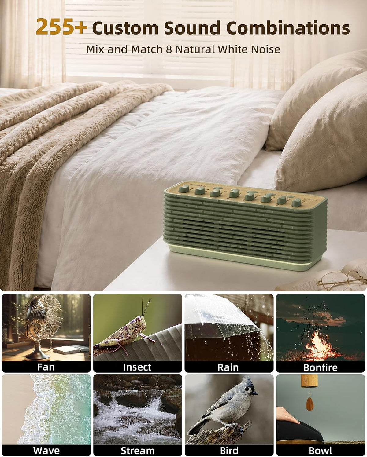 Sound Machine for Sleep, 255+ Natural White Noise Sound Combinations