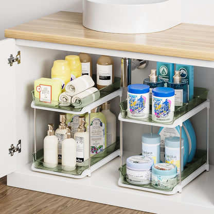 Delamu 2-Tier Multi-Purpose Bathroom Under Sink Organizers and Storage, Stackable Kitchen Pantry Organization, Pull Out Medicine Cabinet Organizer with Movable Dividers, White, 2 Pack