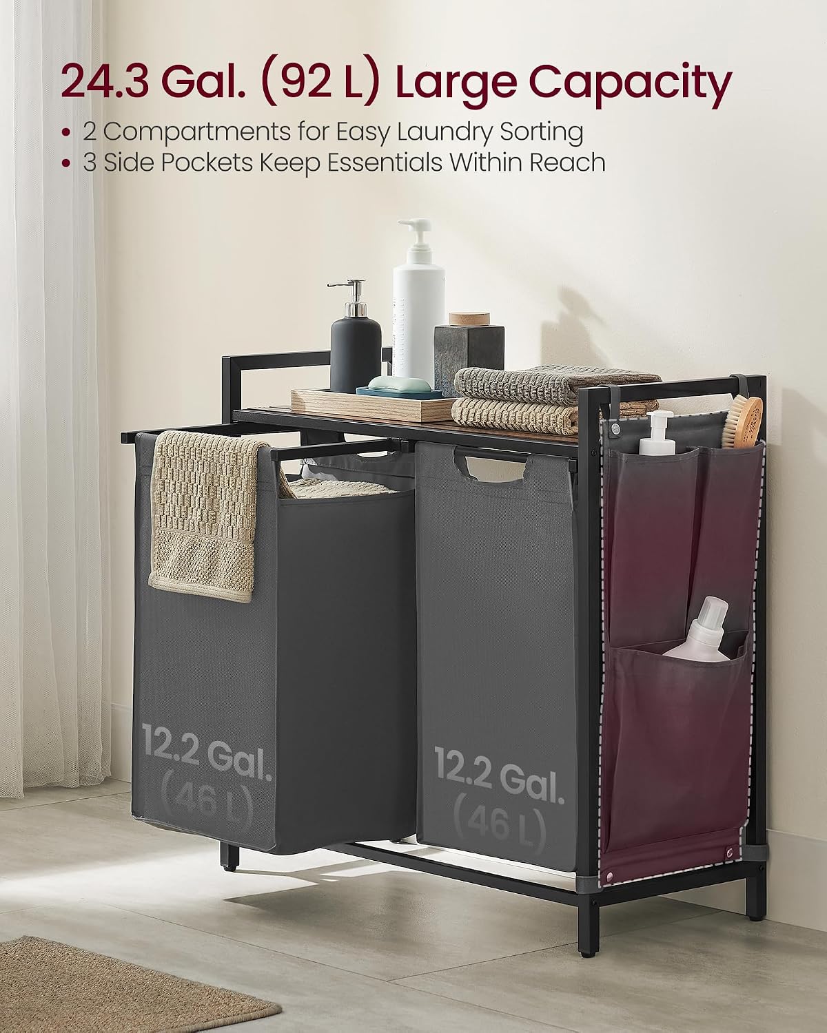 VASAGLE Laundry Hamper, Laundry Basket Sorter with 3 Pull-Out and Removable Bags, Shelf, Metal Frame, 3 x 10.6 Gallons (40 L), 36.4 x 13 x 28.4 Inches, Cappuccino Beige and Natural Beige UBLH301LH01