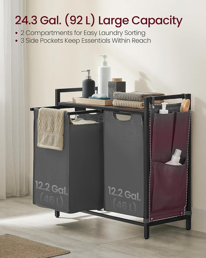VASAGLE Laundry Hamper, Laundry Basket Sorter with 3 Pull-Out and Removable Bags, Shelf, Metal Frame, 3 x 10.6 Gallons (40 L), 36.4 x 13 x 28.4 Inches, Cappuccino Beige and Natural Beige UBLH301LH01