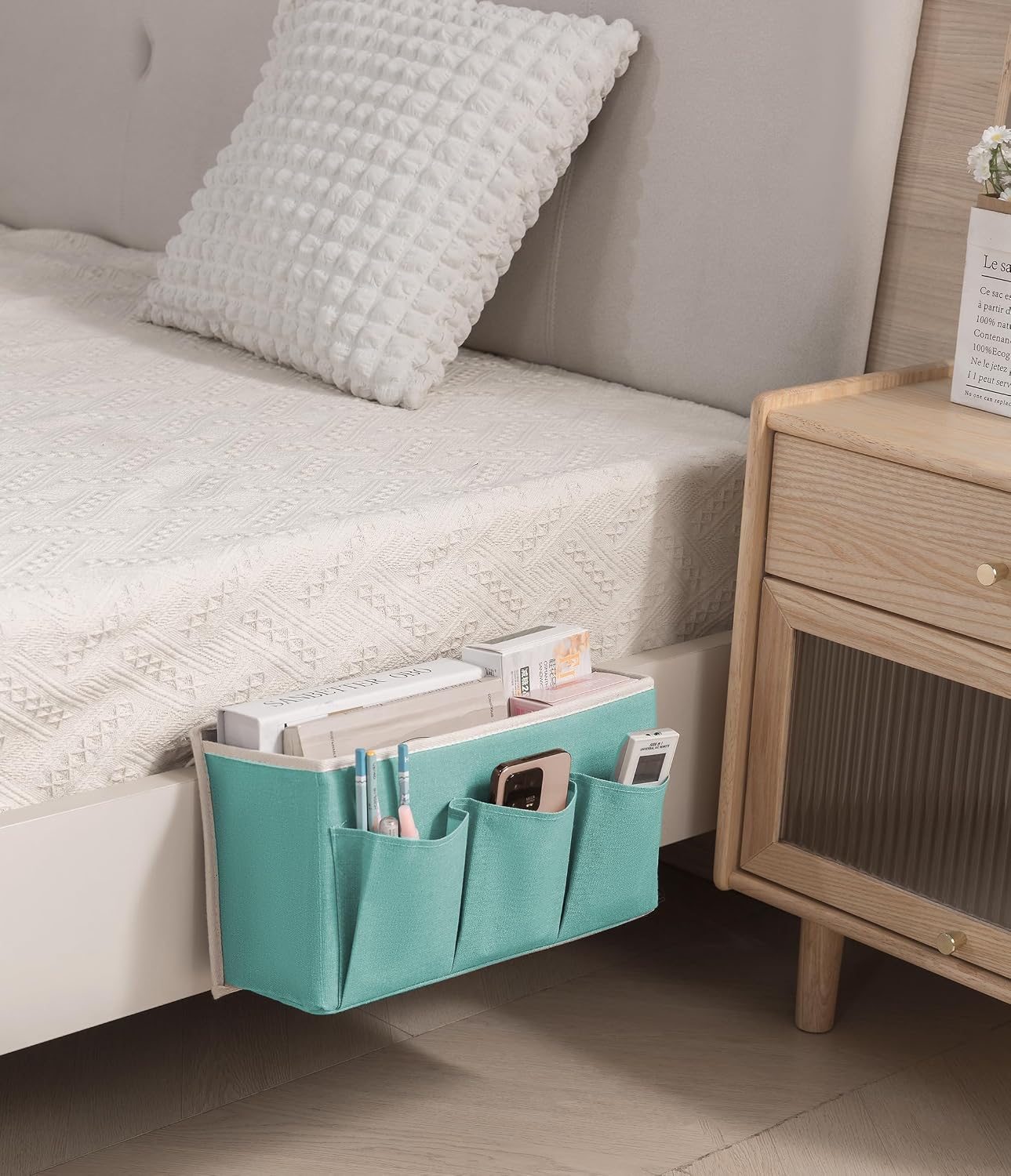 Bedside Caddy/Bedside Storage Organizer Hanging Bag with Three Options,Suitable for home beds, sofas, and dormitory beds—can hold magazines, books, phones, iPads, remote controls. (Gray)