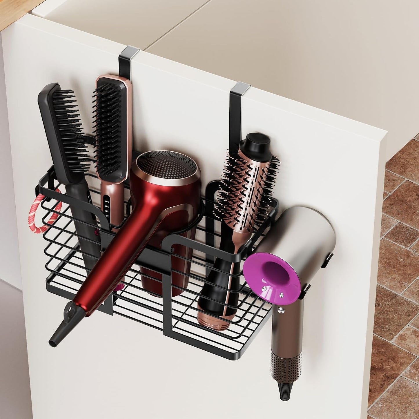 YIGII Hair Dryer Holder, 3 in 1 Hair Tools Organizer Blow Dryer Holder Adjustable Height Cabinet Door/Wall Mounted Bathroom Organizer and Storage for Hair Dryer, Flat Irons, Curing Wands