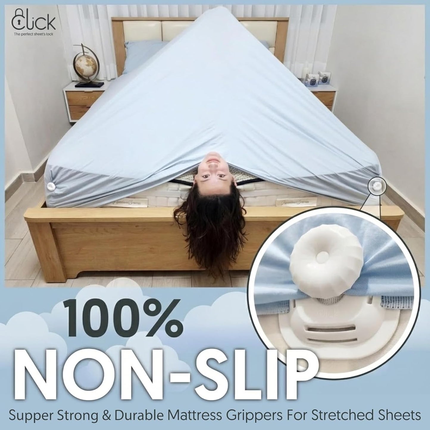 Click Bed Clips to Hold Sheets - Sheet Clips & Straps Keep Sheets in Place Firm & Tight on Single and Twin Bed, Heavy Duty Sheets Holders & Mattress Clips to Keep Sheets on Single & Twin Beds