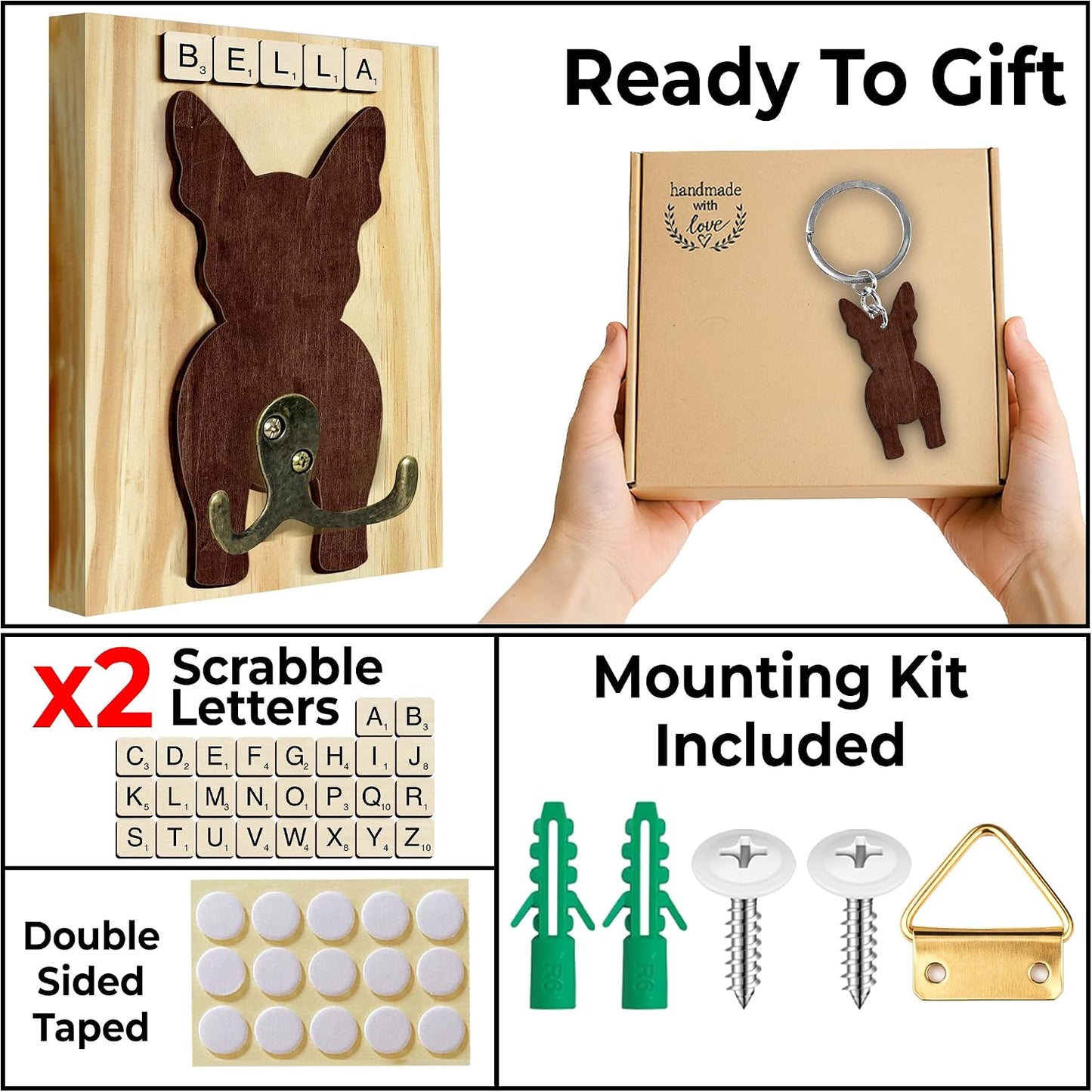 Dog Leash Holder Wall Mount, Pet Harness Hanger with Scrabble Letters, Dog Collar Organizer for Entryway, Memorial Cat Leash Holder for Wall, Pet Loss Gifts, Keepsake, Home Decor PF212-NAT