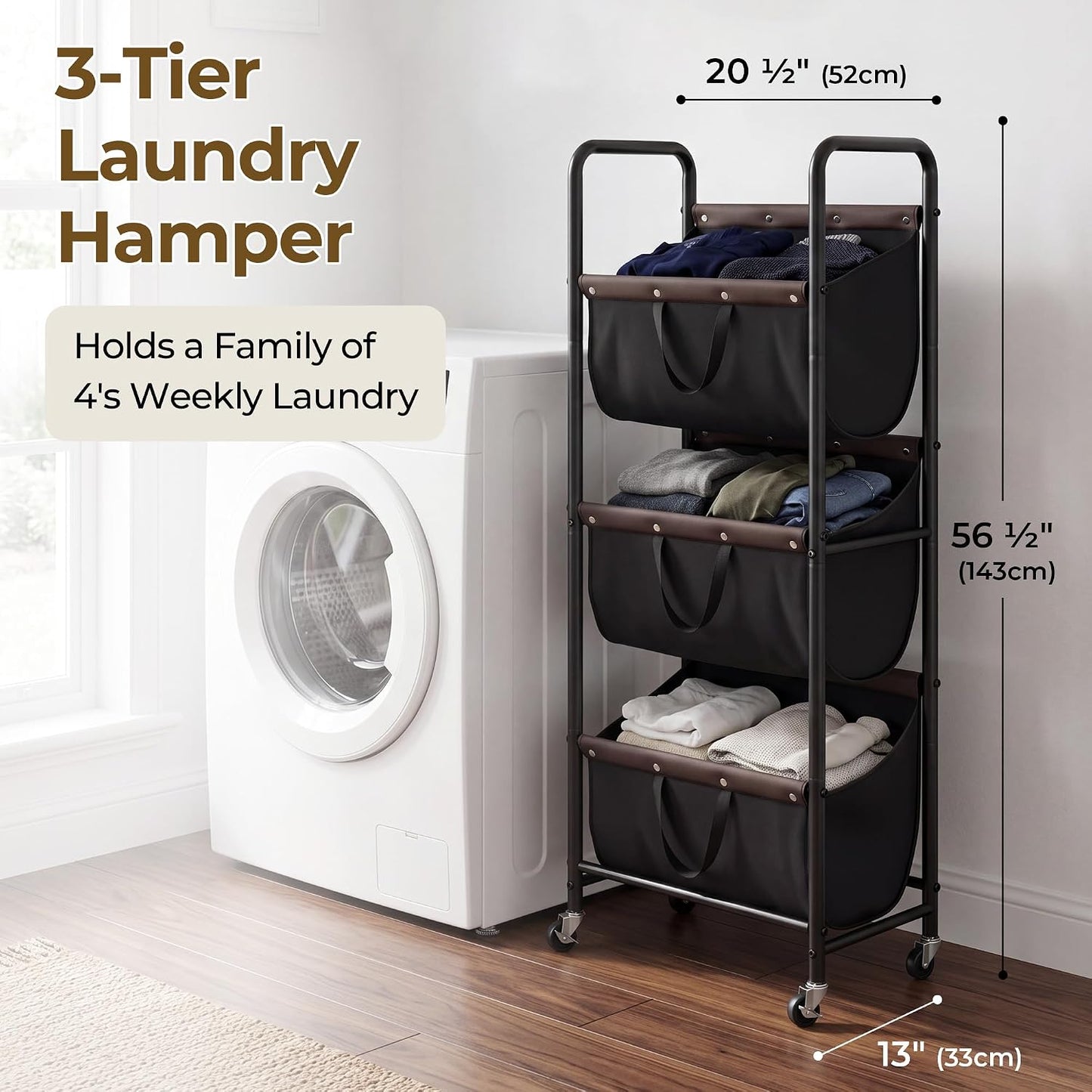 GRANNY SAYS 3 Tiered Laundry Sorter, Narrow Hamper Cart with Wheels | Sturdy 3 Section Laundry Basket with Wheels, Vertical Beige Hamper Cart for Bedroom, Bathroom, Apartment