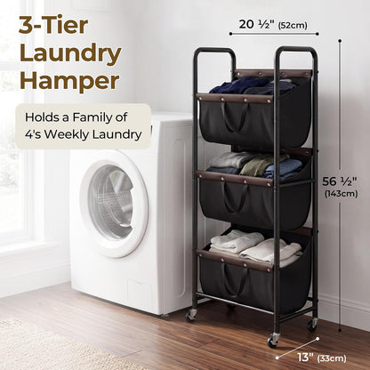 GRANNY SAYS 3 Tiered Laundry Sorter, Narrow Hamper Cart with Wheels | Sturdy 3 Section Laundry Basket with Wheels, Vertical Beige Hamper Cart for Bedroom, Bathroom, Apartment