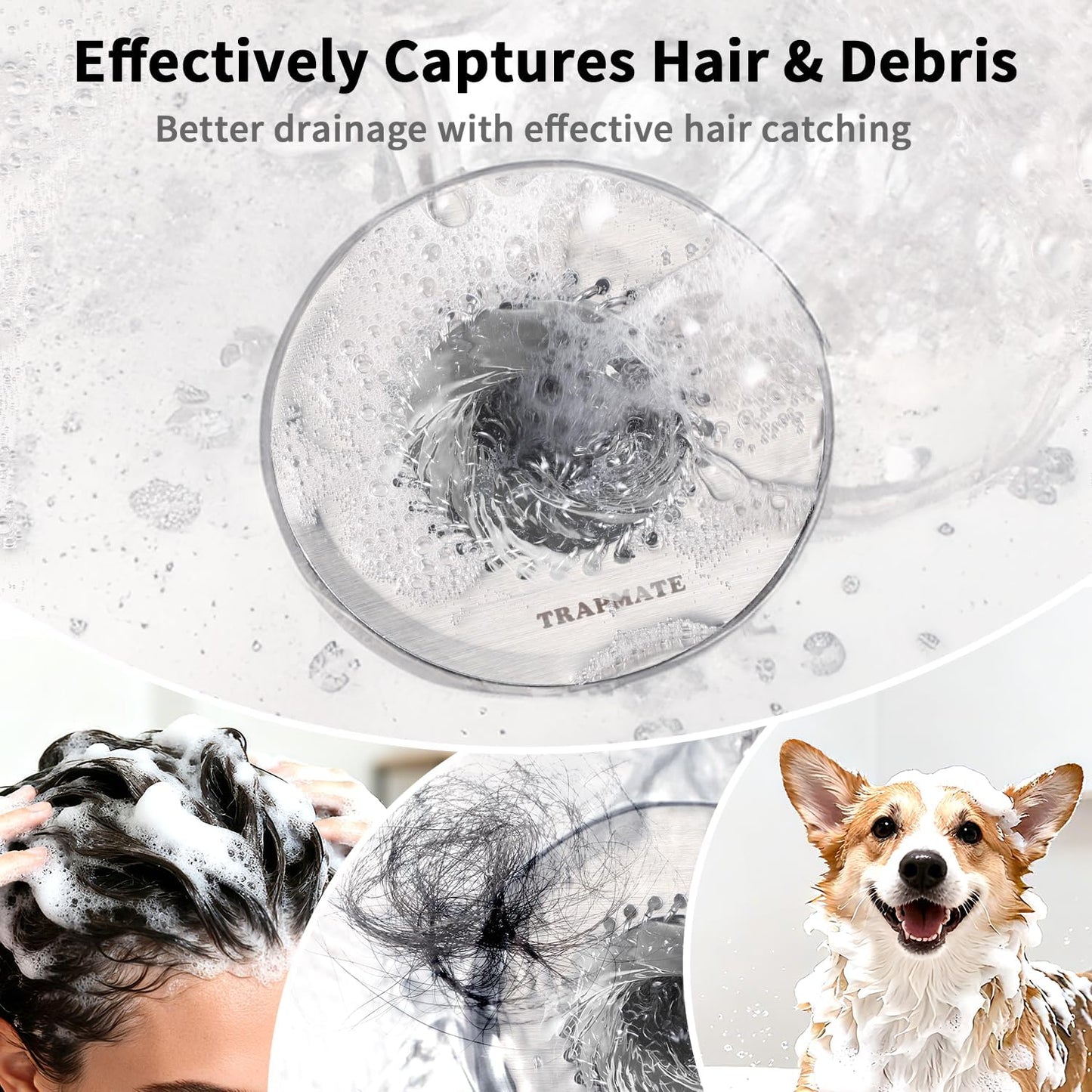 TRAPMATE Shower Drain Hair Catcher, 2.8" Bathtub Stopper Drain Strainer Kit | Easy Clean, Anti-Clogging, Fast Drainage, Anti-Slip, Reversible, No Rust, For Bathtub & Shower Drains, Small Size, Patented