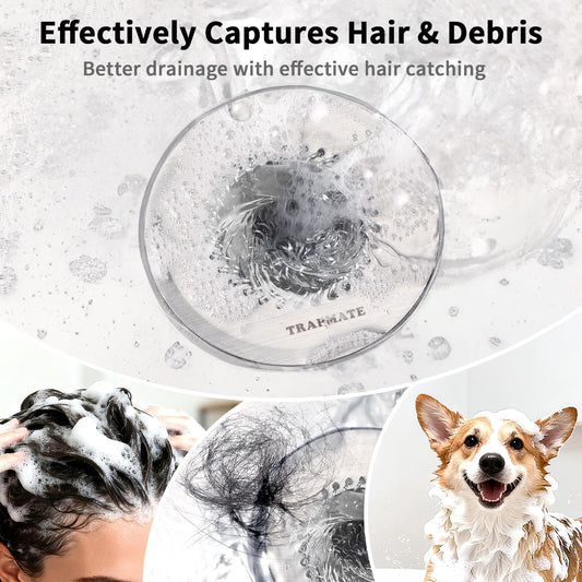 TRAPMATE Shower Drain Hair Catcher, 2.8" Bathtub Stopper Drain Strainer Kit | Easy Clean, Anti-Clogging, Fast Drainage, Anti-Slip, Reversible, No Rust, For Bathtub & Shower Drains, Small Size, Patented