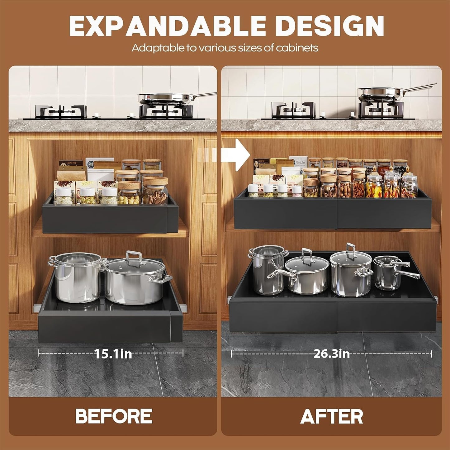 Seinloes 2 Pack Pull Out Cabinet Organizer for Wide Cabinets,Expandable 15.1"-26.3" Width,21" Deep Slide Out Drawers With Raising Pad for Framed Cabinets,3 Slide Rails,No Drill Roll Out Shelves,White