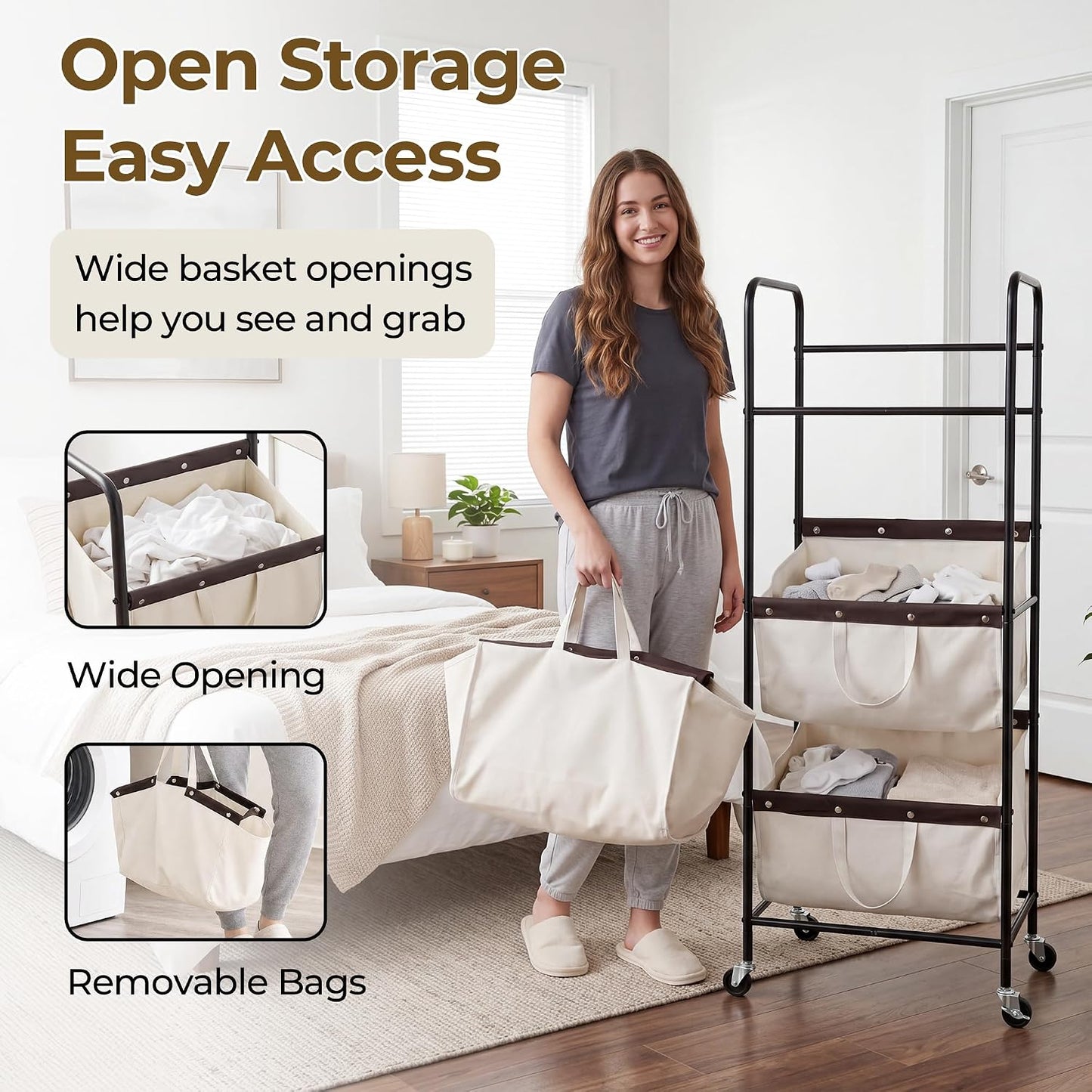 GRANNY SAYS 3 Tiered Laundry Sorter, Narrow Hamper Cart with Wheels | Sturdy 3 Section Laundry Basket with Wheels, Vertical Beige Hamper Cart for Bedroom, Bathroom, Apartment