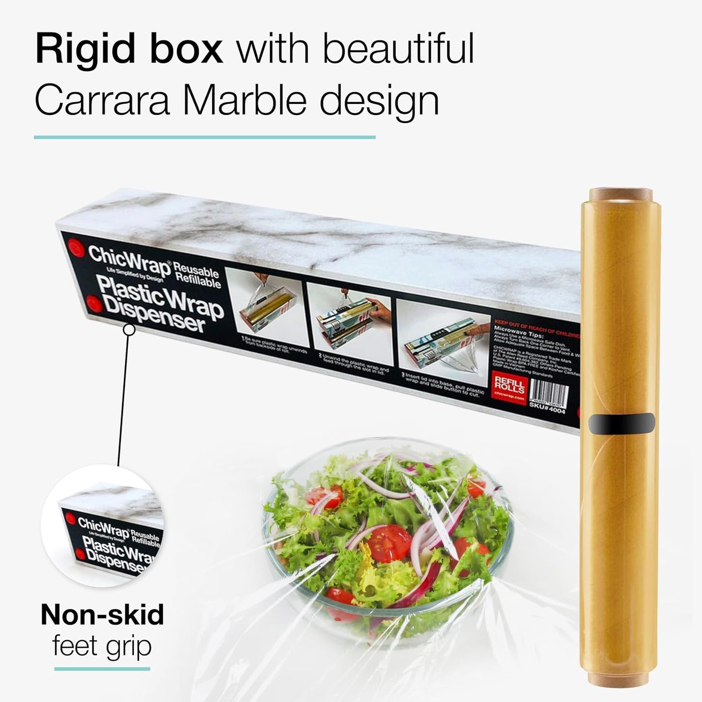 Chicwrap Veggies Refillable Plastic Wrap Dispenser - Includes One 12" x 250' Roll of Professional Grade Plastic Wrap - BPA Free and Kosher Certified - Reusable Dispenser w/Slide Cutter | Reusable Plastic Wrap Dispenser with Four Non-Slip Rubber Feet and
