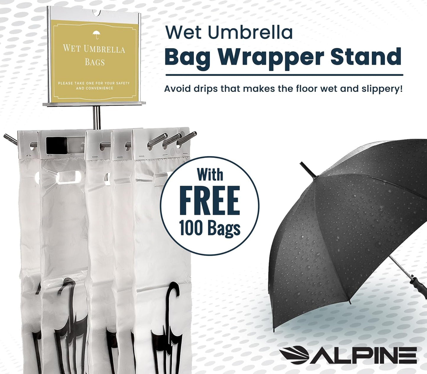 Alpine Wet Umbrella Bags Disposable With Stand and Free 100 Umbrella Bag | Corrosion Reistant Stainless Steel, Commercial, Heavy Duty for Entryway in Lobbies and Businesses