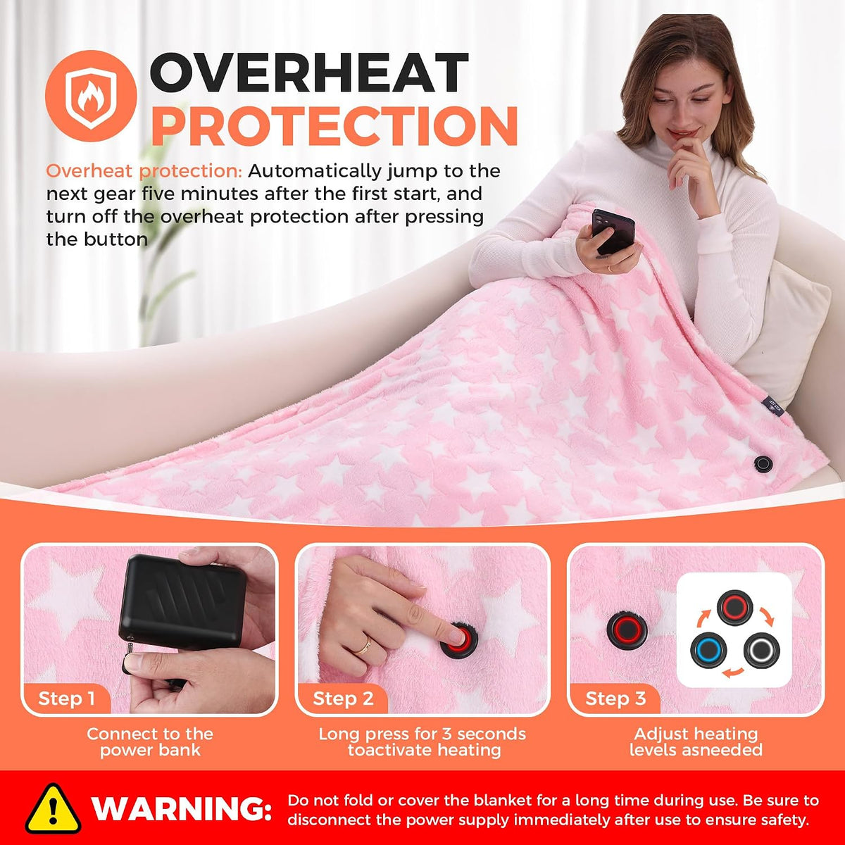 KSFJZF Heated Blanket, Cordless Portable Heated Throw Blanket, Battery Operated Heating Blanket with Rechargeable 20000mAh Power Bank, 59" x 35.5" Electric Heated Shawl, 3 Fast-Heating Levels (Pink)