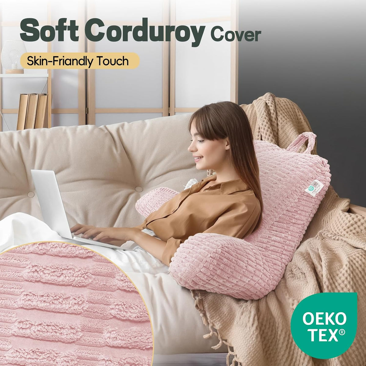 21" Higher Large Reading Pillow for Bed Adult, Back Pillow for Bed Sitting Up with Memory Foam Back Support with Arms Rest for Couch Chair Gray