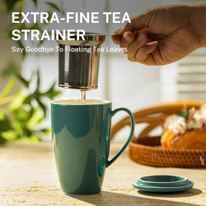 Sweese 15oz Porcelain Tea Mug with Infuser and Lid – Microwave Safe, Ergonomic Handle, Lead-Free Glaze, for Loose Leaf Tea